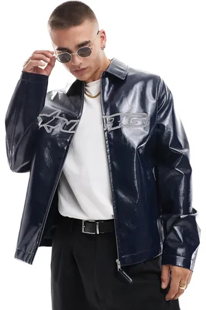 ASOS Faux leather high shine harrington jacket with embroidery in