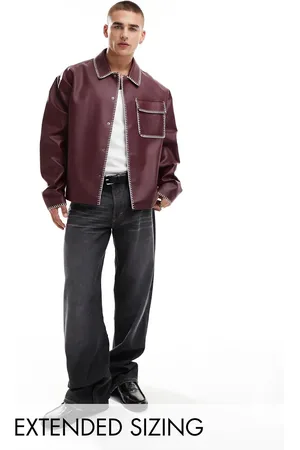 ASOS Faux leather harrington jacket with contrast stich in burgundy