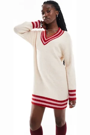 Native Youth Stripe hem v-neck knitted mini dress in stone
