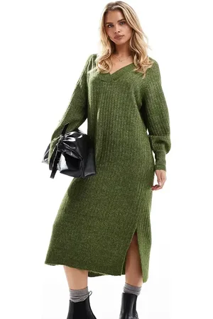VERO MODA Oversized soft ribbed jumper dress in khaki melange