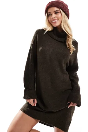 VERO MODA Knitted roll neck mini dress in choclate