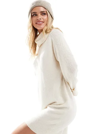 VERO MODA Knitted roll neck mini dress in cream melange