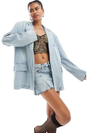 Monki Oversized denim blazer with raw hem detail in midwash space