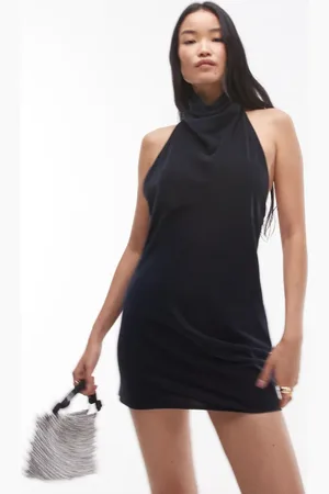 Topshop Velvet mini halter dress in charcoal