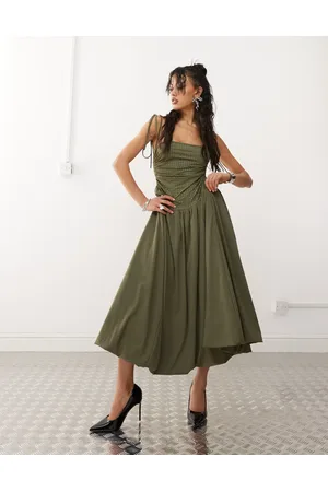 Amy Lynn Alexa puffball midi dress with bodice rhinestone in khaki