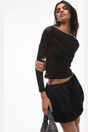 SNDYS Slash neck cropped mesh long sleeve top in