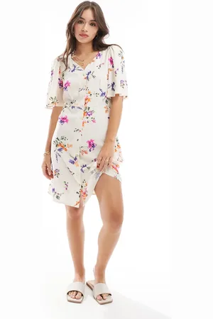 Y.A.S Flutter sleeve shirt mini dress in cream floral