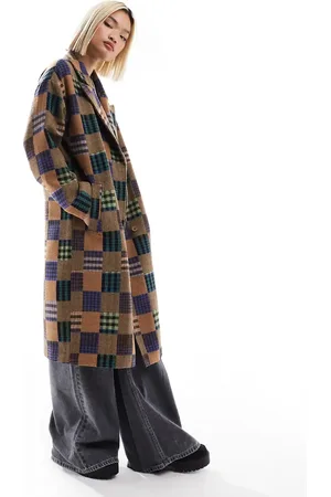 Native Youth Check patch detail oversized coat in