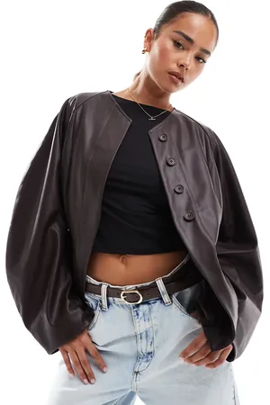ASOS Collarless faux leather blazer with extreme sleeves in