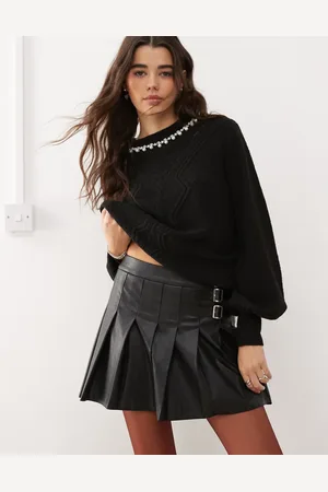 Miss Selfridge Faux leather pleated buckle detail kilt