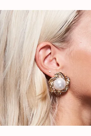 ASOS Oversized stud earrings with twist chain and faux pearl detail in tone