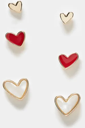 ASOS Pack of 3 stud earrings with faux pearl and red enamel heart design in tone