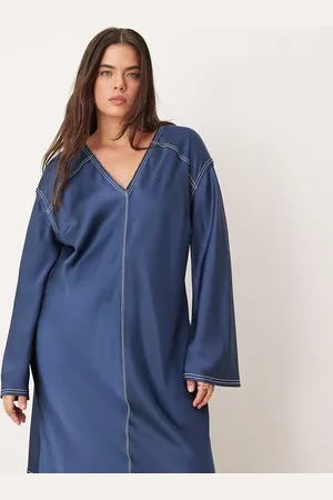 ASOS ASOS DESIGN Curve v-neck satin midi dress in denim with contrast cream top stitch