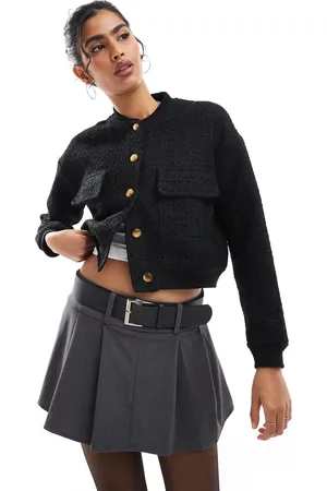 Style Cheat Boucle textured button up bomber jacket in