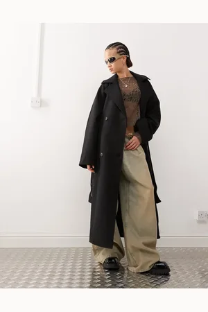Weekday Lead wool blend oversized coat with double button and tie waist detail in dark melange