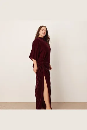 ASOS Curve velvet twist waist t-shirt maxi dress in burgundy