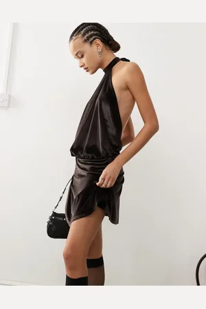 COLLUSION Tie halter backless flippy mini dress in dark choc velvet