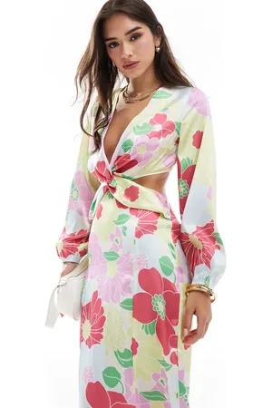 Y.A.S Satin cut out midaxi dress in pink retro floral