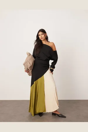 ASOS Off shoulder maxi dress with pleat detail in colour block