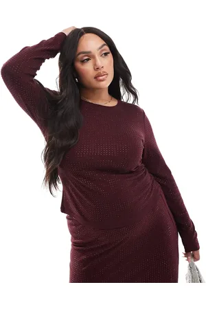 4th & Reckless All over hotfix long sleeve top co-ord in burgundy