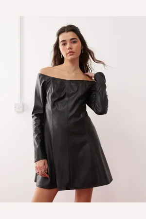 Miss Selfridge Faux leather bardot fit & flare mini dress