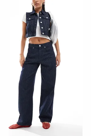 Pull&Bear Striped balloon fit jean co-ord in dark rinse