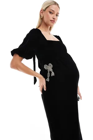 HOPE & IVY Velvet square neck midi dress with embellished bows in