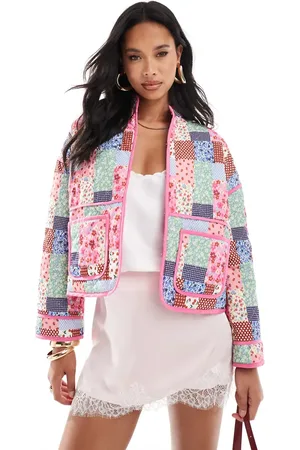 The Frolic Exclusive quilted contrast trim jacket in pink patchwork print