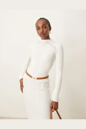 The Frolic Exclusive knitted high neck flared sleeve midi jumper dress in cream