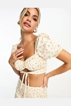The Frolic Exclusive puff sleeve milkmaid crop top with strap detail co-ord in vintage floral