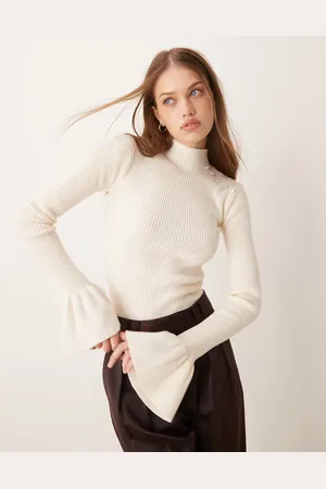 The Frolic Exclusive ribbed pearl detail flare sleeve jumper in cream