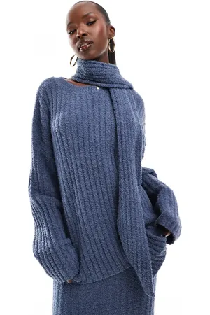 Kaiia Boucle knit oversized jumper with removeable scarf co-ord in blue