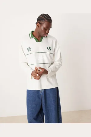 ASOS Oversized long sleeve polo with sports graphics in cream