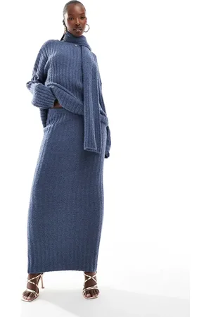Kaiia Boucle knit column maxi skirt co-ord in blue