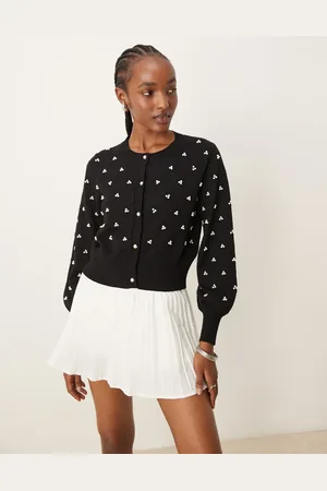 The Frolic Exclusive pearl detail diamond stitch puff sleeve cardigan in