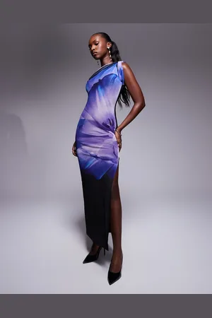 Kaiia Mesh thigh split one shoulder twist detail maxi dress in floral