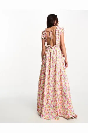 The Frolic Exclusive watercolour floral ruffle scoop neck maxi dress in