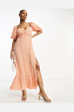The Frolic Exclusive gingham ruffle milkmaid midaxi dress in tangerine