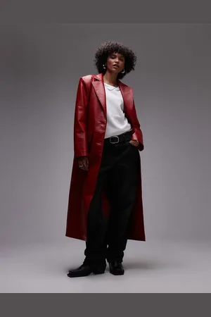 Topshop Faux leather longline coat in red