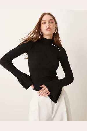 The Frolic Exclusive ribbed pearl detail flare sleeve jumper in