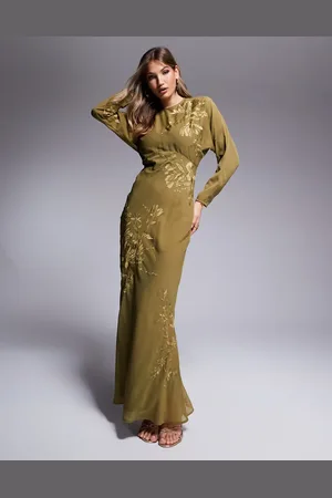 ASOS Floral embroidered batwing bias maxi dress in olive