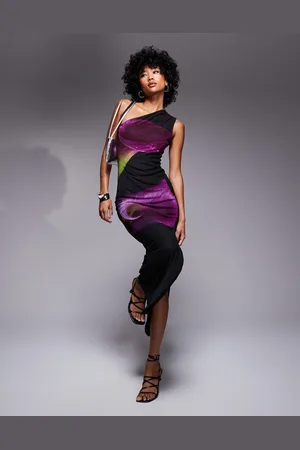 Kaiia Twist shoulder maxi dress in black and purple lily print