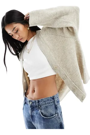 Monki Knitted button front cardigan with v neck in beige melange