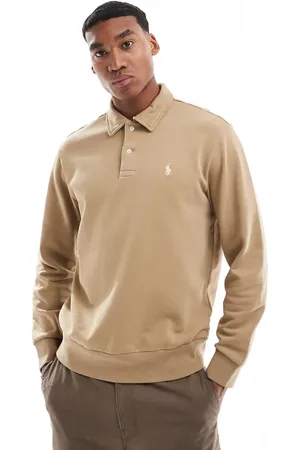 Ralph Lauren Icon logo half zip loopback terry sweatshirt in khaki tan