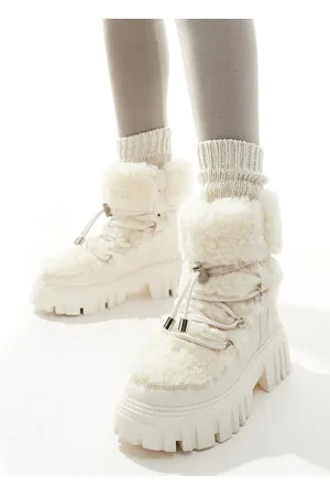 South Beach Faux Fur Chunk Lace Up Boot in Cream