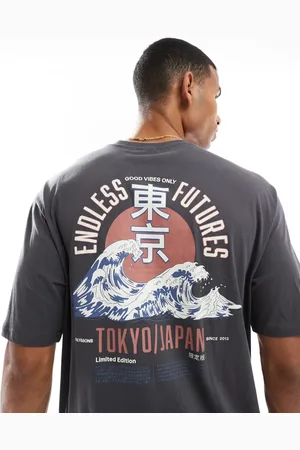 Only & Sons Relaxed fit t-shirt with wave back print in charcoal