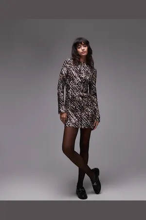 Topshop Plisse long sleeve mini dress in leopard print