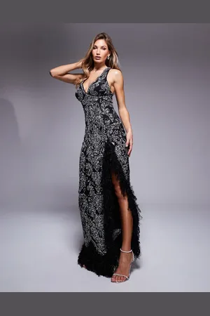 ASOS Gem embellished halter maxi dress with Feather trim in black