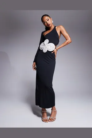 ASOS Wrap around one shoulder midi dress with oversized contrast floral embellishment in