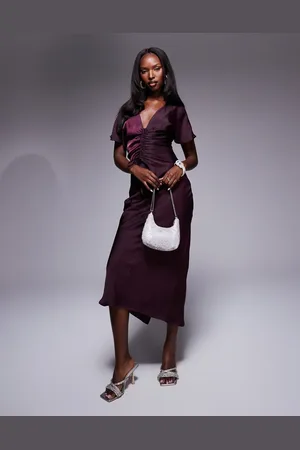 ASOS Satin ruched front midi dress in berry